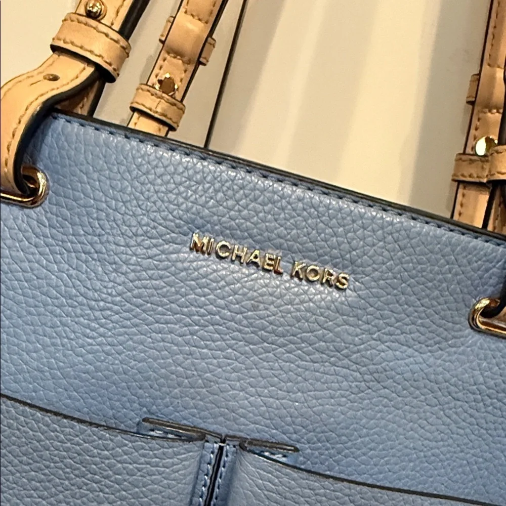 Michael Kors Blue Tote Tan Handles leather beach purse handbag designer sky